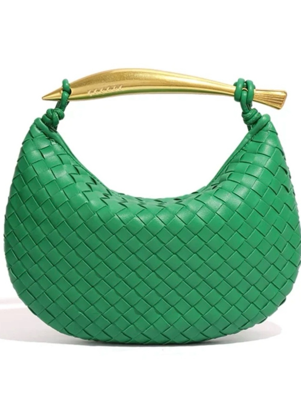 Woven Green Leather Hobo with Sculptural Gold Handle